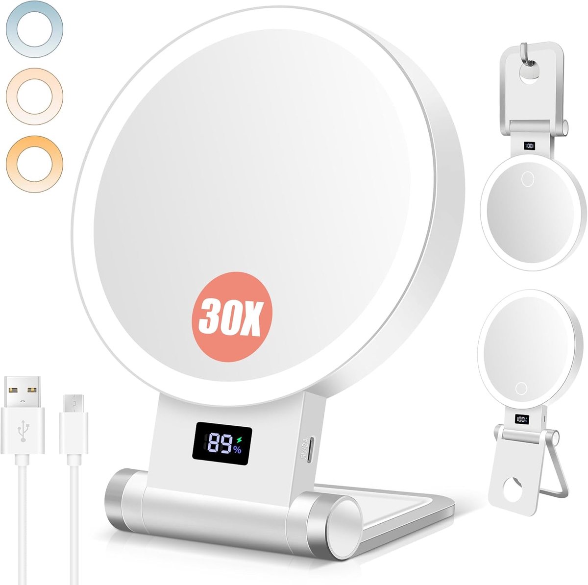 SnelShoppen - 30X/1X Verlicht Make-up Spiegel, Dubbelzijdig, 4-in-1 Multifunctioneel, Oplaadbaar 2000mAh, 3 Kleuren Licht, Tafel/Wand Bevestiging, Opv