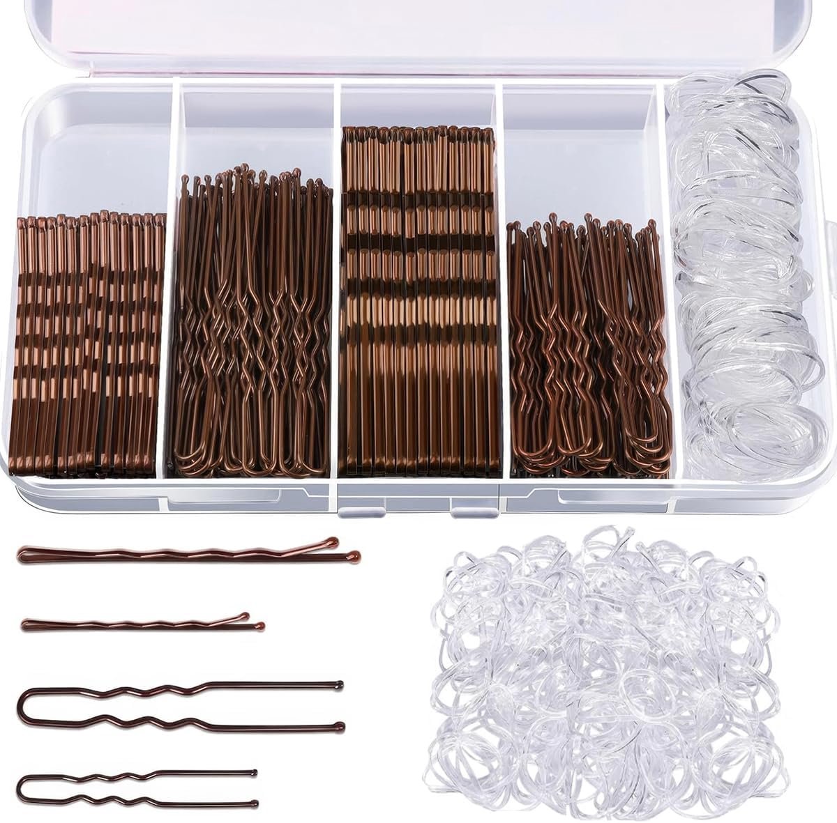 SnelShoppen - Set van 500 Haarspelden - Inclusief U Haarclips, Metalen Bobby Pins, Elastische Transparante Haarelastieken met Opbergtas voor Vrouwen e