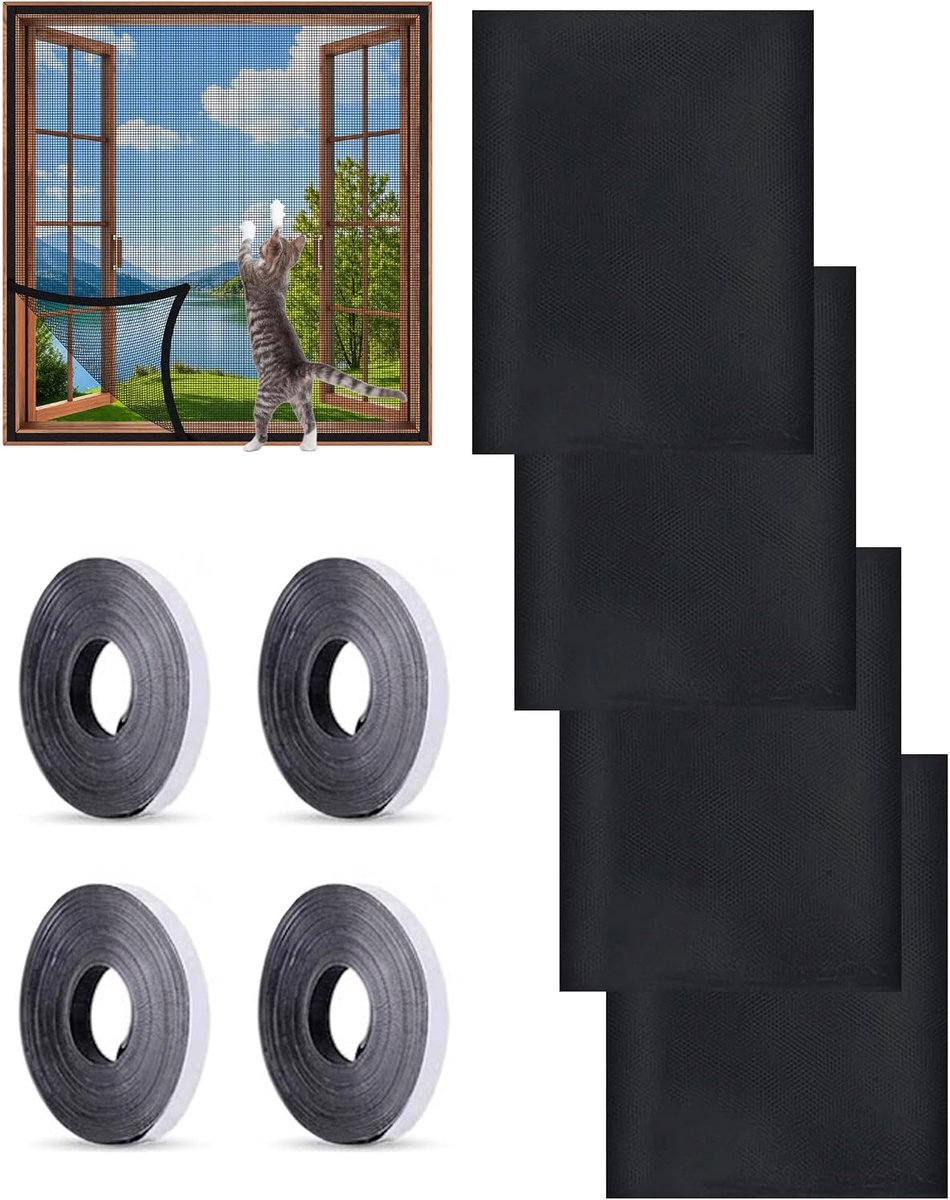 SnelShoppen - Vliegengaas voor Ramen 130x150 cm - 4 Stuks Muggenhor zonder Boren - Snijdbaar en Zelfklevend met Klittenband - Effectieve Insectenbesch