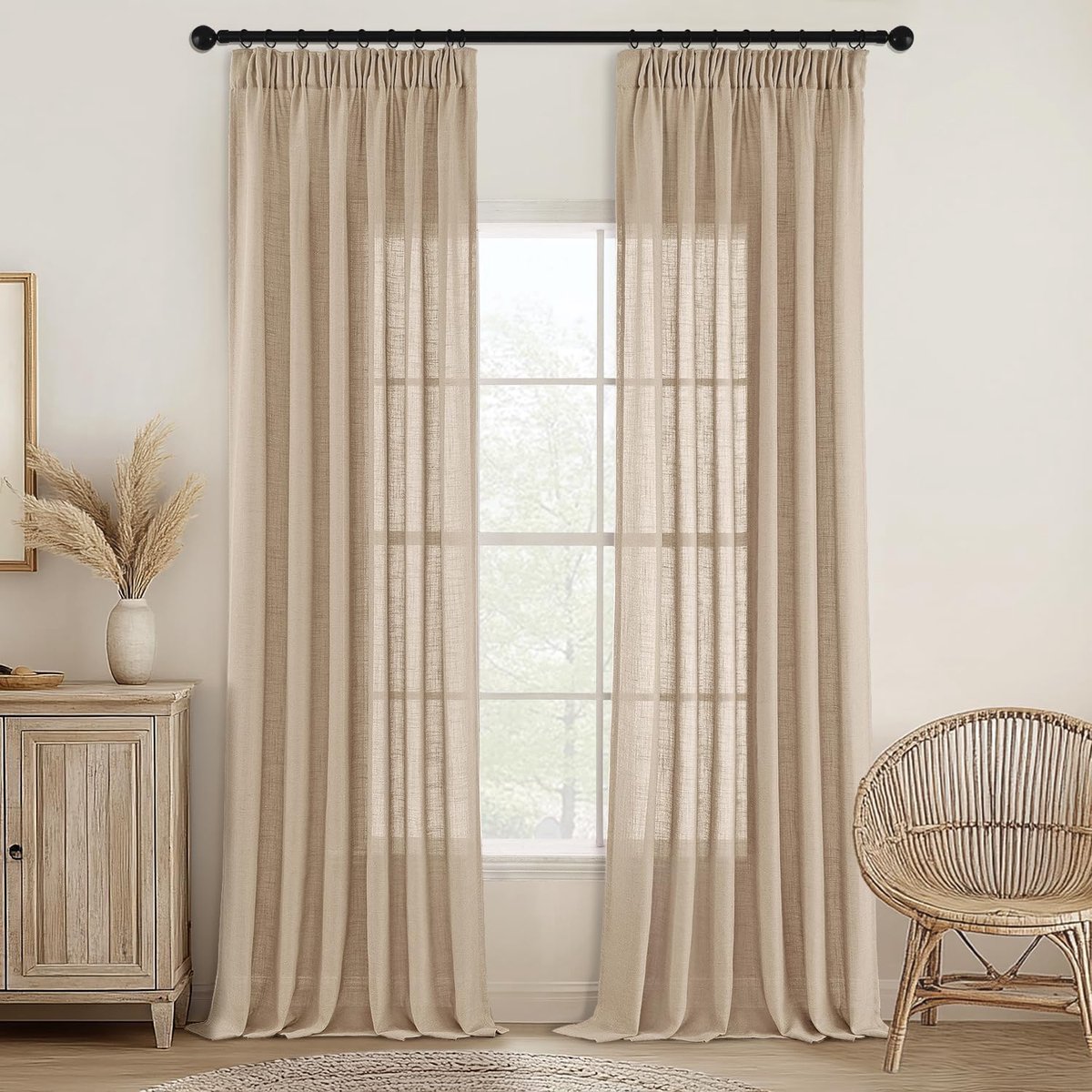 SnelShoppen - Luxe Rimpel Gordijnen met Lussen, Voile Gordijnen, Moderne Linnen Look, Semi-Transparant voor Woonkamer, Slaapkamer, Schuifdeur, Set van