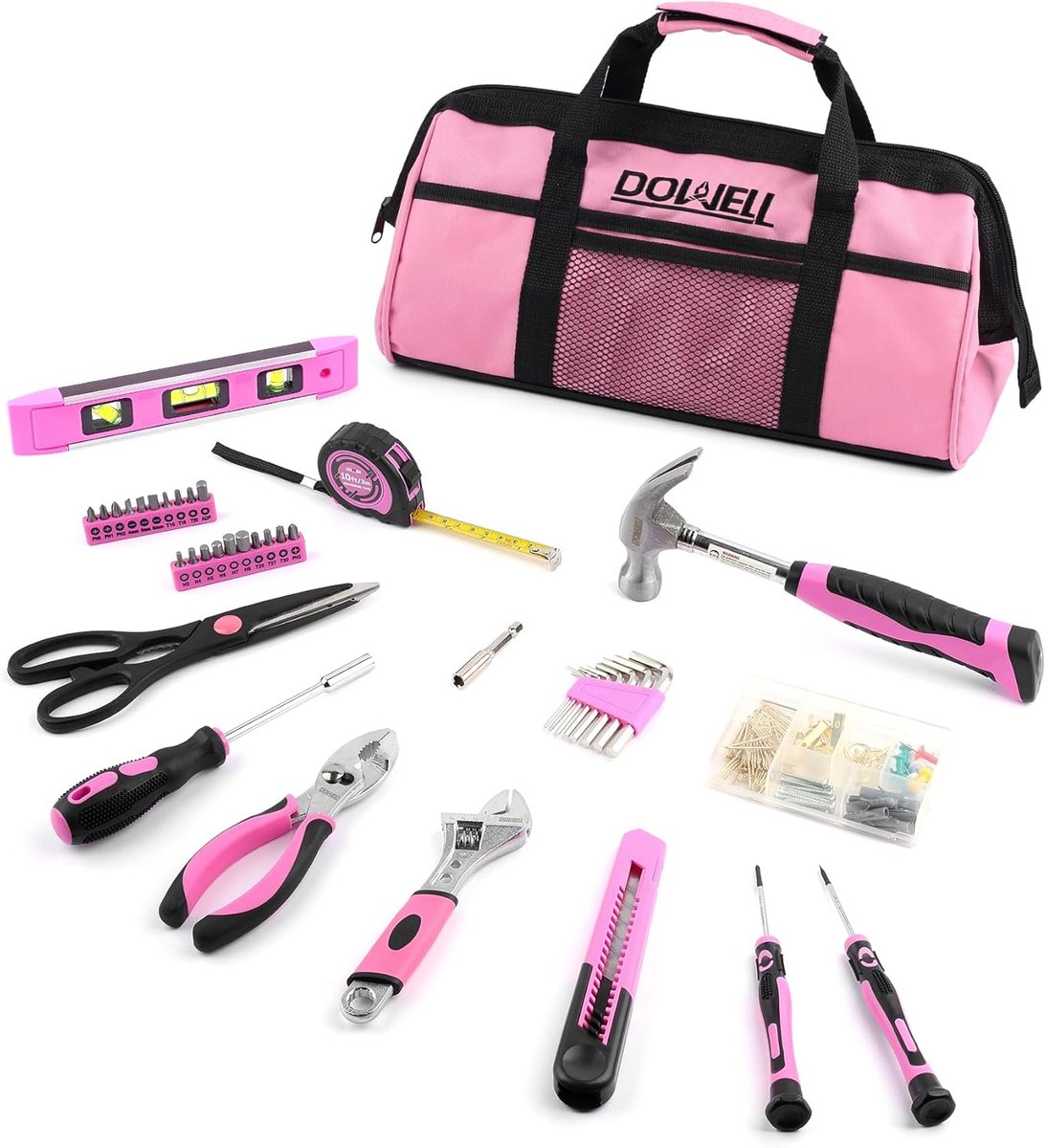 SnelShoppen - Complete 140-delige Gereedschapsset voor Vrouwen - Inclusief 14" Roze Gereedschapszak - Ideaal voor Huishoudelijke Klussen, Decoratie, A