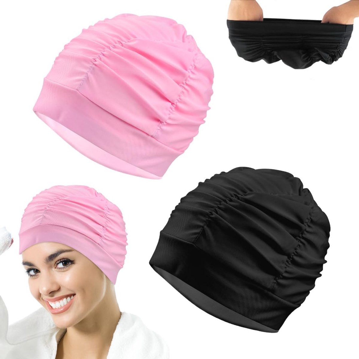 SnelShoppen - Elegante Zijden Zwemmutsen voor Vrouwen met Lang Haar, Set van 2, Zwart en Roze, Elastische Polyester, Ideaal voor Zwembad, Douche en Va