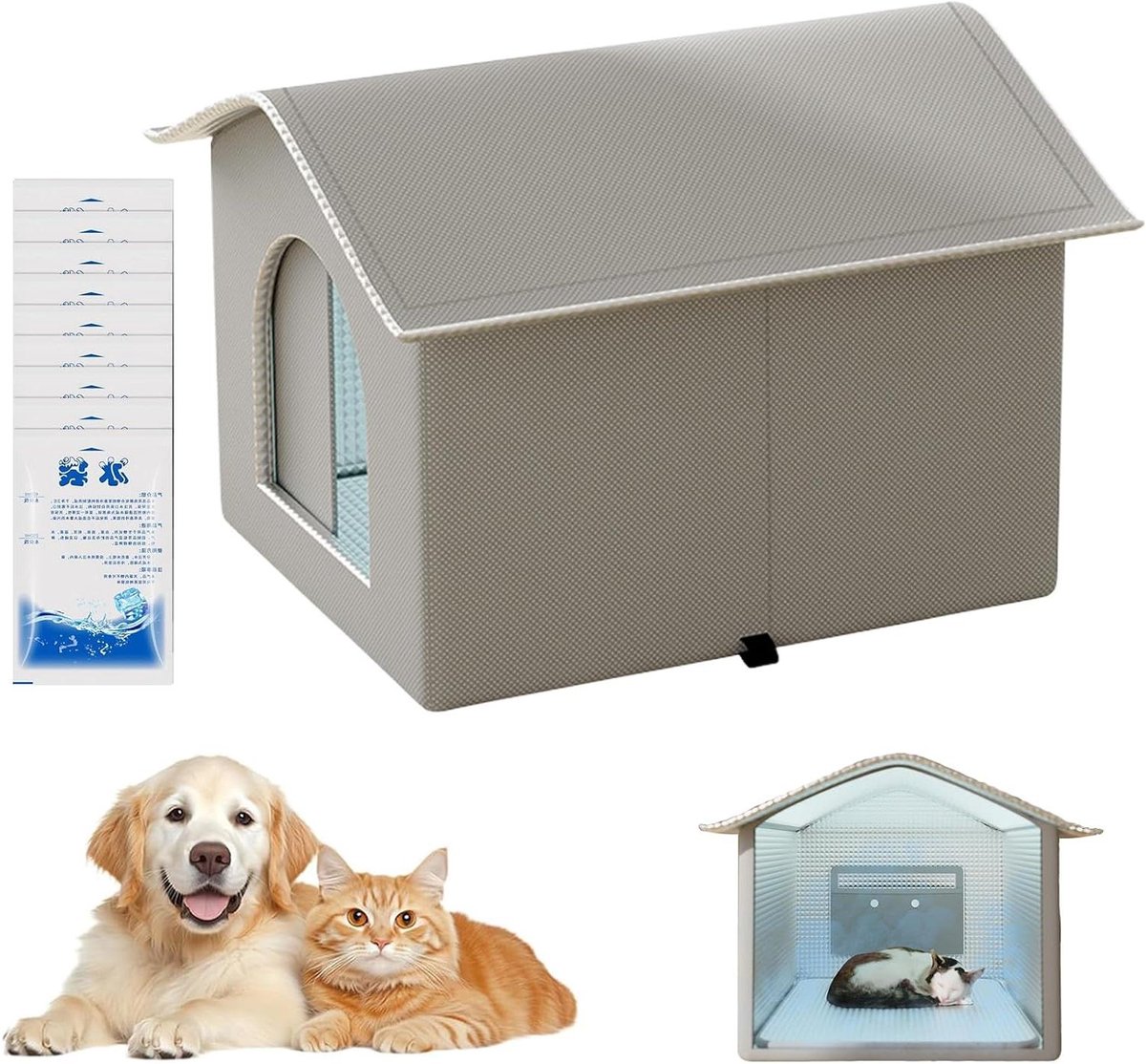 Kattenhuis - Huisdierverblijf - Koel en warm - Geïsoleerd met ijspakken - 36 x 36 x 36 cm - Grijs