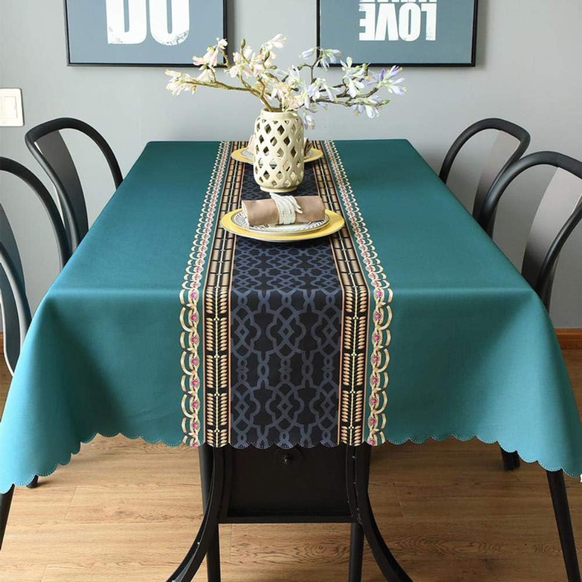 Tafelkleed Rechthoekig - Tafeldoek Geometrisch - Eettafel Decoratie - Linnen Katoen Mix - 100x160cm - Grijs/Wit