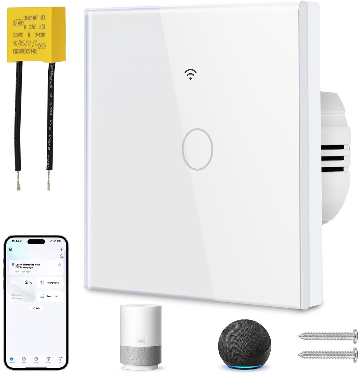 SnelShoppen - Smart WiFi Lichtschakelaar - Glazen Touch Wandlamp - 1-Weg 2.4GHz - Ondersteunt Alexa, Google Home, Tuya APP - Stemcontrole - Wit - Flus
