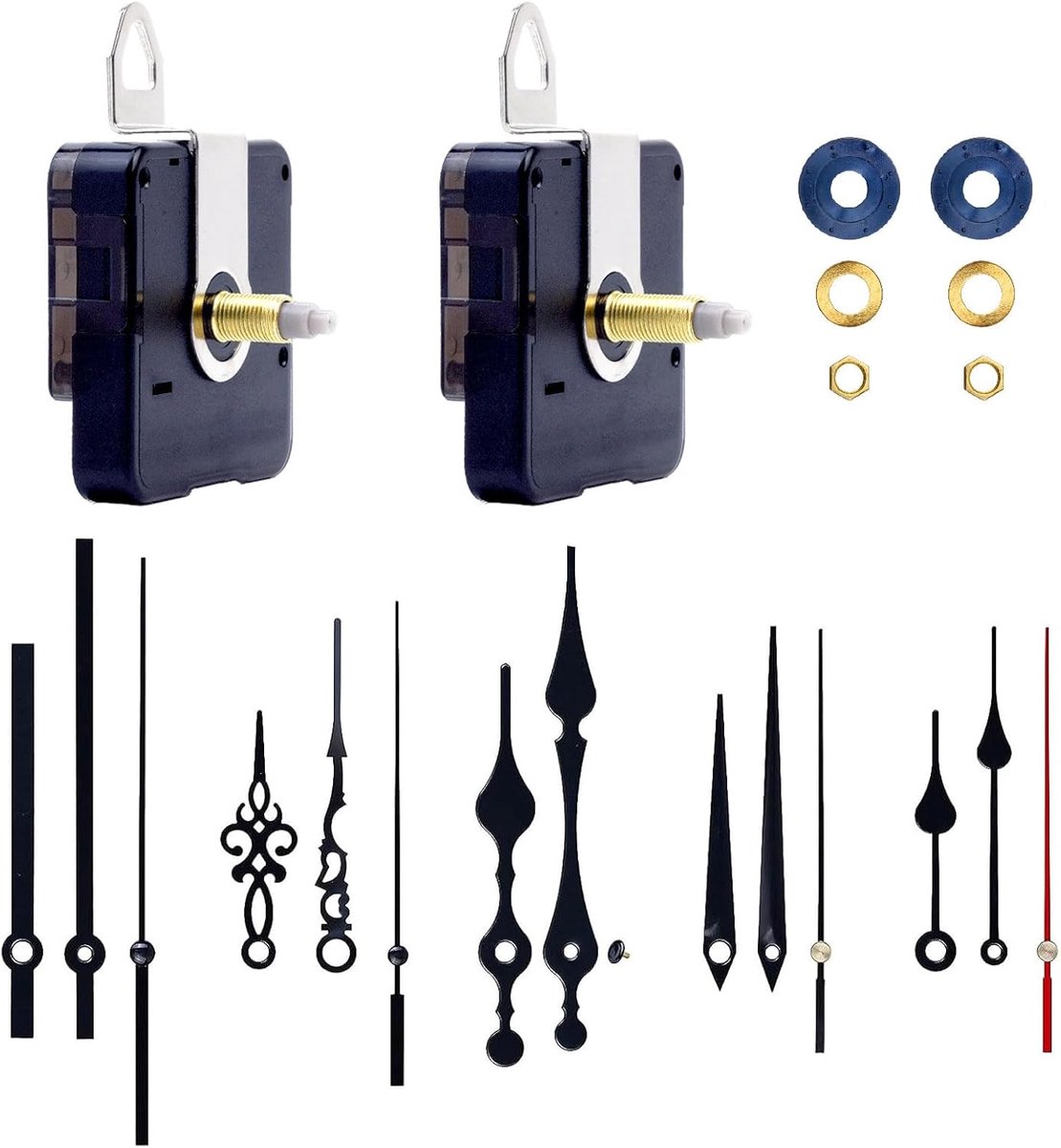 SnelShoppen - 2 Pcs Wandklok Mechanisme Silent Quartz Beweging met 5 Set Wijzers, Vervangingsaccessoires voor Wandklokken, Zwart, 16mm/22mm