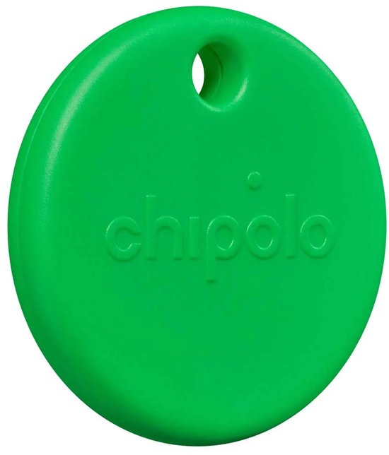 Groene ronde Chipolo tracker met 'chipolo' tekst.