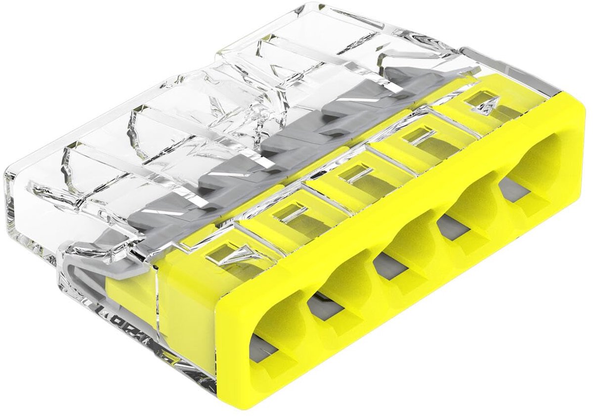 SnelShoppen - Compacte Verbinding Dozen Klemmen voor 5 Draden, 100 Stuks, Geel - Transparante Behuizing, Geschikt voor 0.5 tot 2.5 mm Draad, Max. 60°C