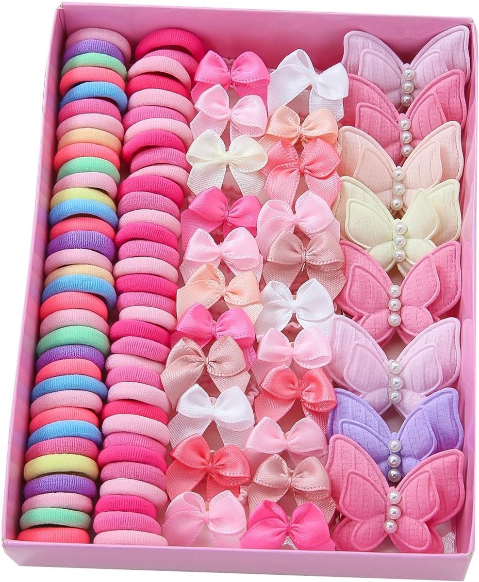 SnelShoppen - 230 Stuks Meisjes Haaraccessoires Set met Vlinder Haarclips en Rubber Bands in Roze en Multikleur - Perfect voor Feest, Dagelijks Gebrui