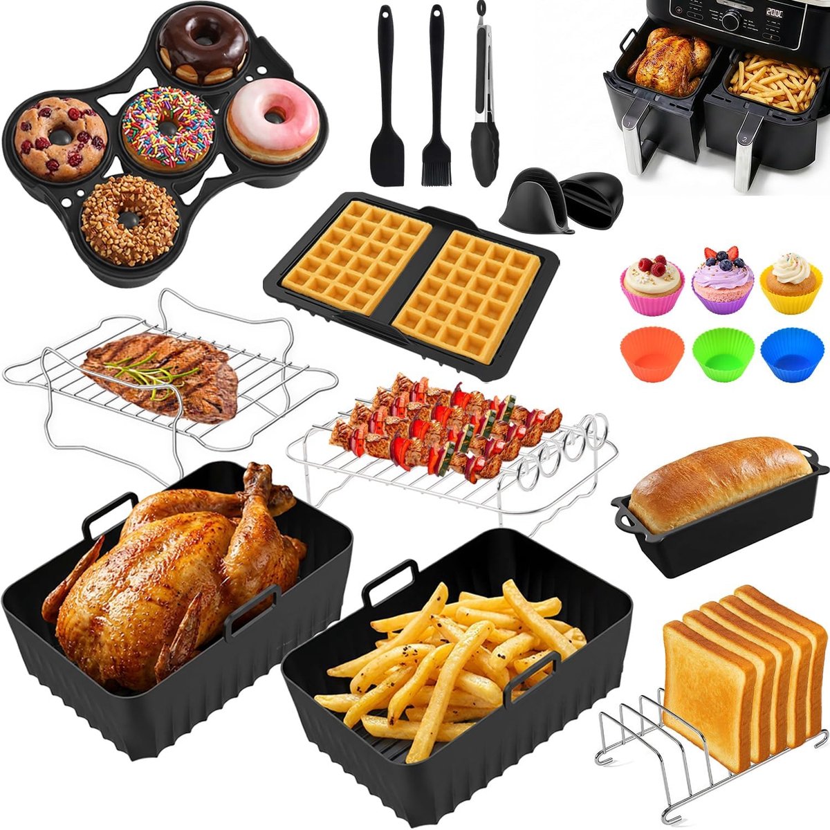 SnelShoppen - Heteluchtfriteuse Accessoires voor Ninja Dual Zone AF400EU AF451EU AF300EU 7.6L-9.5L - Siliconen Vormpjes, Donut- en Wafelijzervormen vo