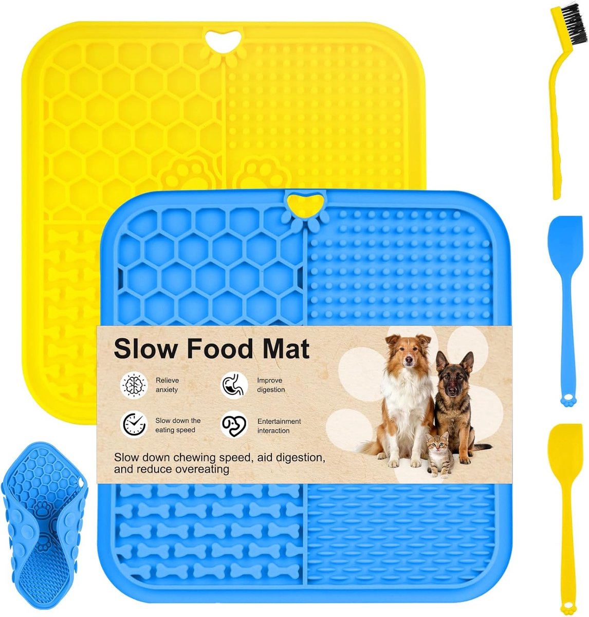 Thijox - 2 Stuks Likmat voor Katten en Honden, 20 x 20 cm, Voedermat met Zuignappen, Ideaal voor Boter en Yoghurt, Langzaam Eten, Met Spatel/Borstel