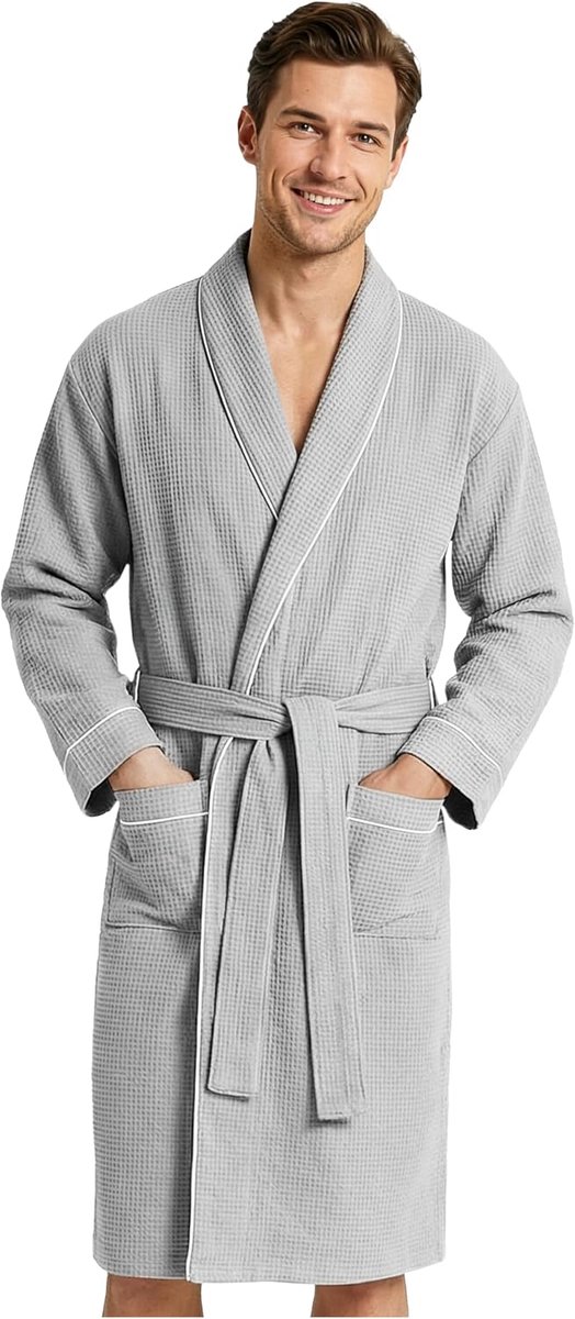 SnelShoppen - Heren Wafel Badjas - Luxe Badjas voor Thuis, Sauna of Wellness - Zachte Katoenen Wafelstructuur - Maat L/XL - Donkerblauw