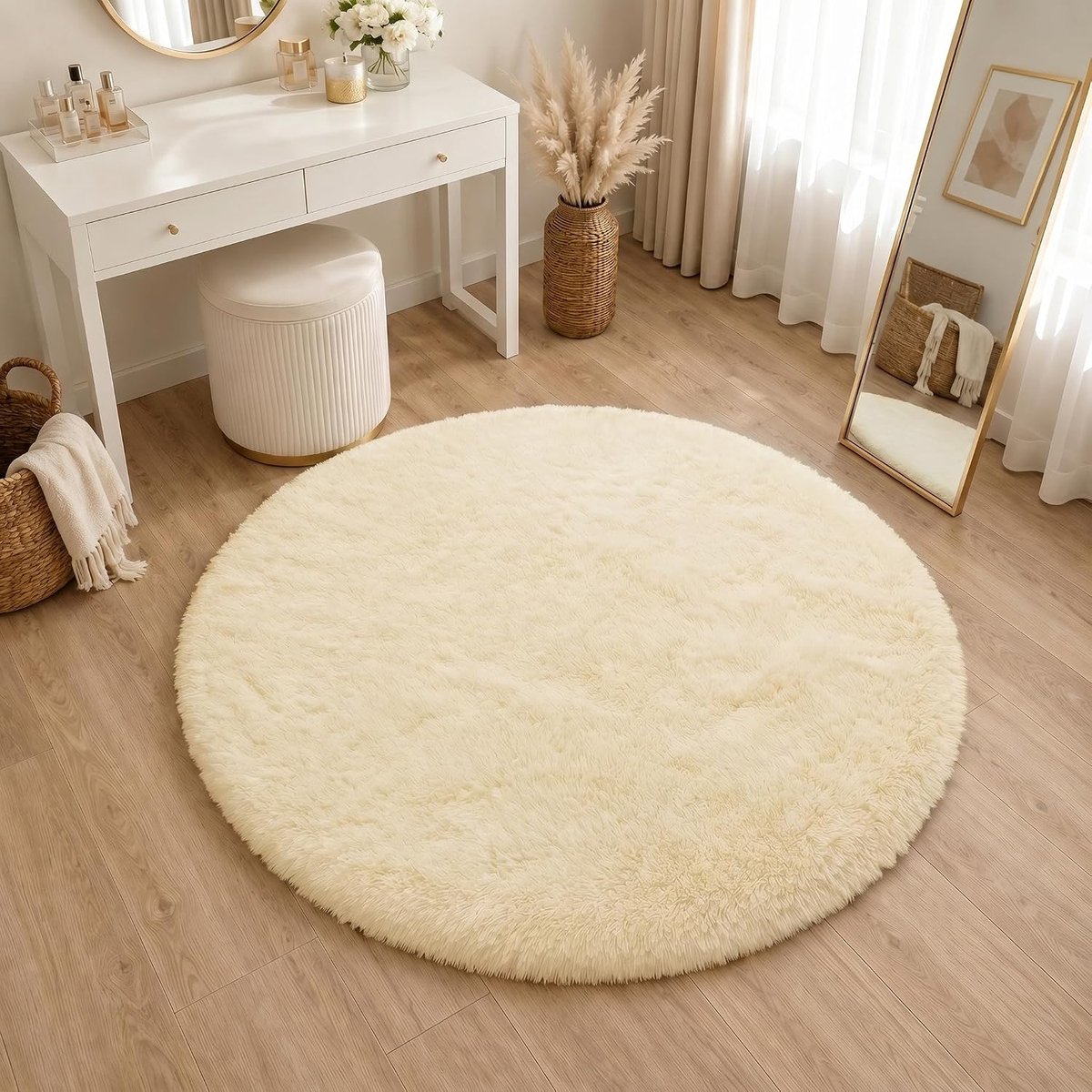 SnelShoppen - Shaggy Woonkamertapijt Rond 100cm - Modern Pluche Vloerkleed met Lange Zachte Pool - Crème Wit Antislip Achterkant voor Slaapkamer, Woon