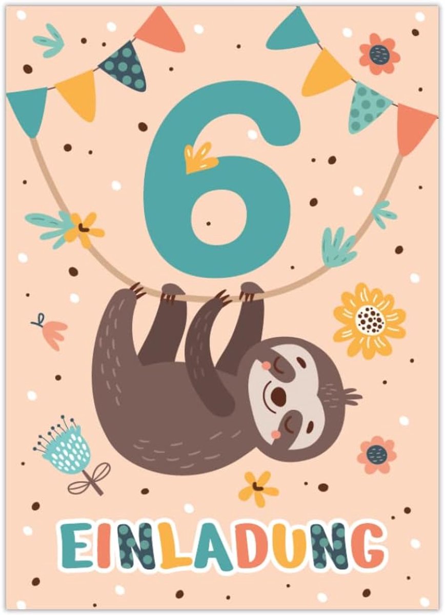 SnelShoppen - 12 Uitnodigingskaarten 6e Kinderverjaardag - Leuke Luiaard Ontwerpen - A6 Formaat - Sterk en UV-Gecoat - Voor Jongens en Meisjes - Perfe