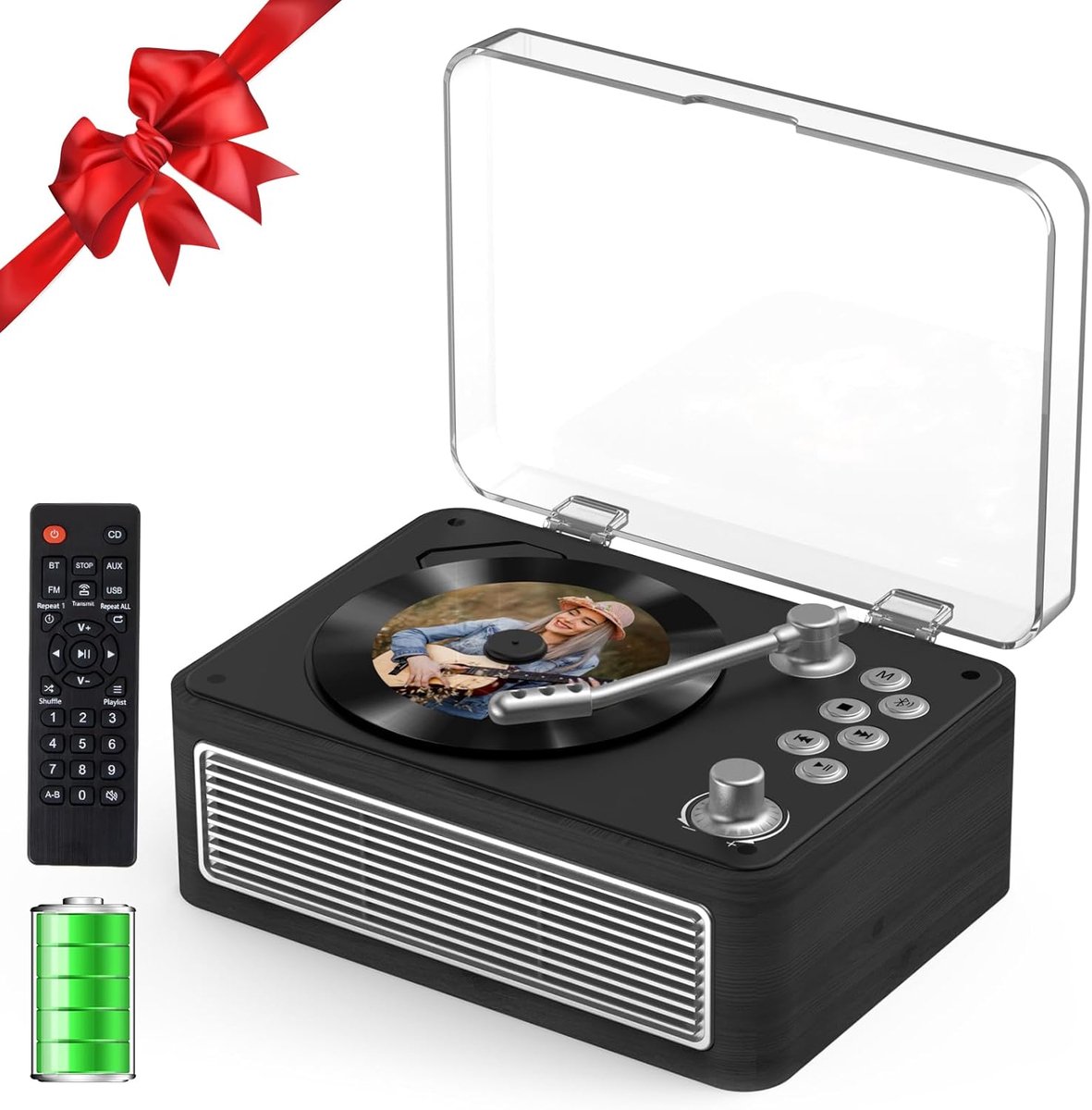 SnelShoppen - Draagbare Bluetooth CD-speler met luidsprekers, 3600 mAh oplaadbare vintage cd-speler, retro ebony design, FM-radio, afstandsbediening,