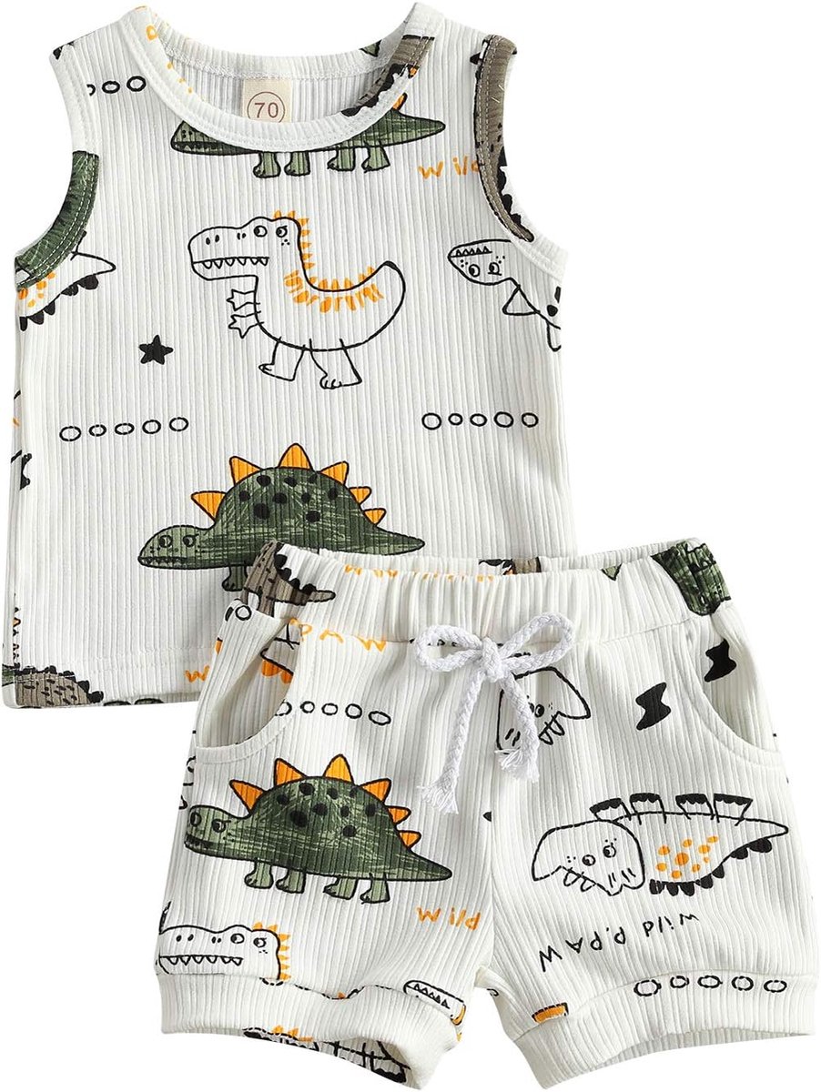 SnelShoppen - Baby Kleding Set voor Jongens - Dinosaurus Print - 2-delige Shorts en Tanktop - Zomer Outfit - 0-24 Maanden - Wit - Perfect voor Dagelij