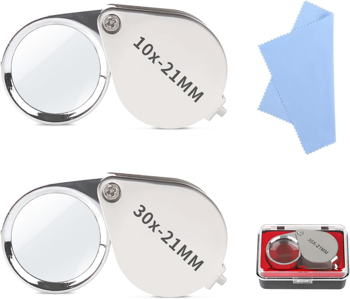 SnelShoppen - 2 Stuks Hoge Vergroting Metalen Zakloep 10x/30x Juweliers Loep Vergrootglas voor Edelstenen, Sieraden met Etui en Reinigingsdoekje, Draa