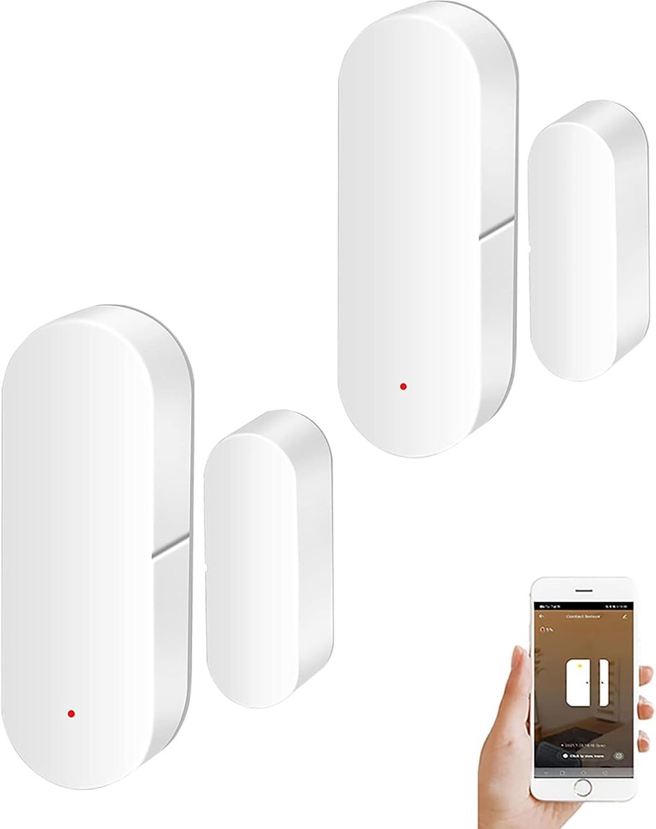 SnelShoppen - Deurraamsensor Wifi Bluetooth 2-pack - Smart Tuya deursensor met gratis app, realtime waarschuwingen, draadloze raamcontactsensor, compa