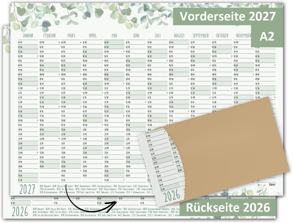 SnelShoppen - Timr Wandkalender 2026 incl. 2027 Eucalyptus Motief - Dubbelzijdige DIN A2 Kalender voor Kantoor en Thuis, 12 Maanden, Stijlvol en Moder