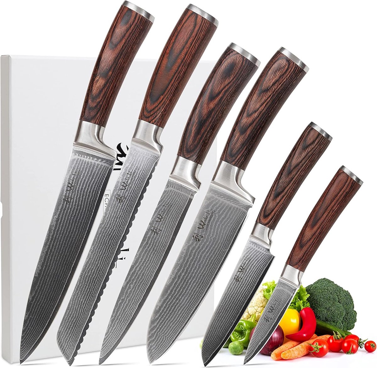 SnelShoppen - Professionele Damastmessenset 8,5-20 cm - Extreem Scherp Keukenmessen van 67 Lagen VG10 Staal met Ergonomische Pakkahouten Handgrepen -