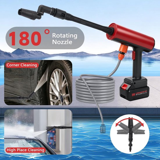 SnelShoppen - Accuhogedrukreiniger 150W met 2 x 2600 mAh Accu, 30 Bar, Draagbaar Drukreinigerpistool met 5m Slang, 6-in-1, 180° Mondstuk, Schuimfles e van Snelshoppen — afbeelding 3