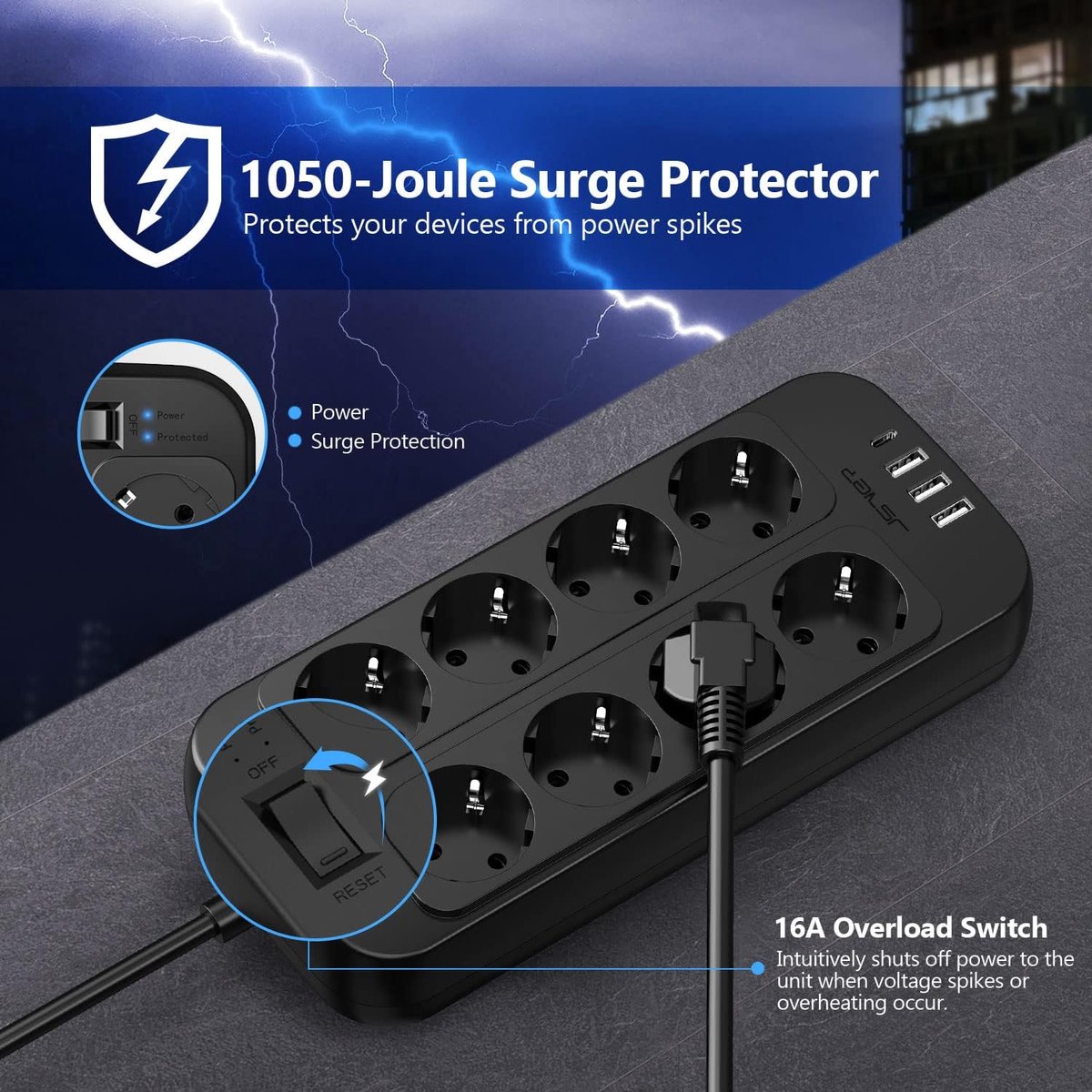 SnelShoppen - Stekkerdoos met USB, Meervoudige Verdeeldoos 8 Voudige en 4 USB (3 USB A + 1 USB C), Wandmontage met Schakelaar en Overspanningsbeveilig