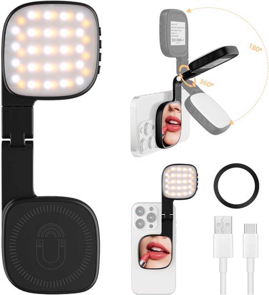 Draagbare selfielamp met spiegel, 360° magnetische bevestiging, 1000mAh oplaadbare batterij, 48 LED-lampjes, 3 standen, 10 helderheidsniveaus, geschikt voor mobiele telefoons, make-up, livestreaming, zwart.