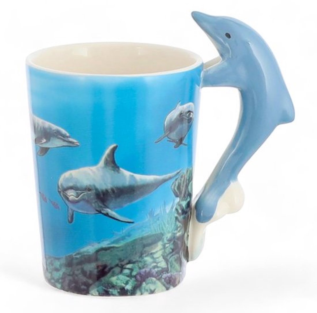 Ocean Encounter - 350 ml Keramische Mokken met Dolfijn Motief en Dolomiet Handvat, 15 x 14 x 8,5 cm