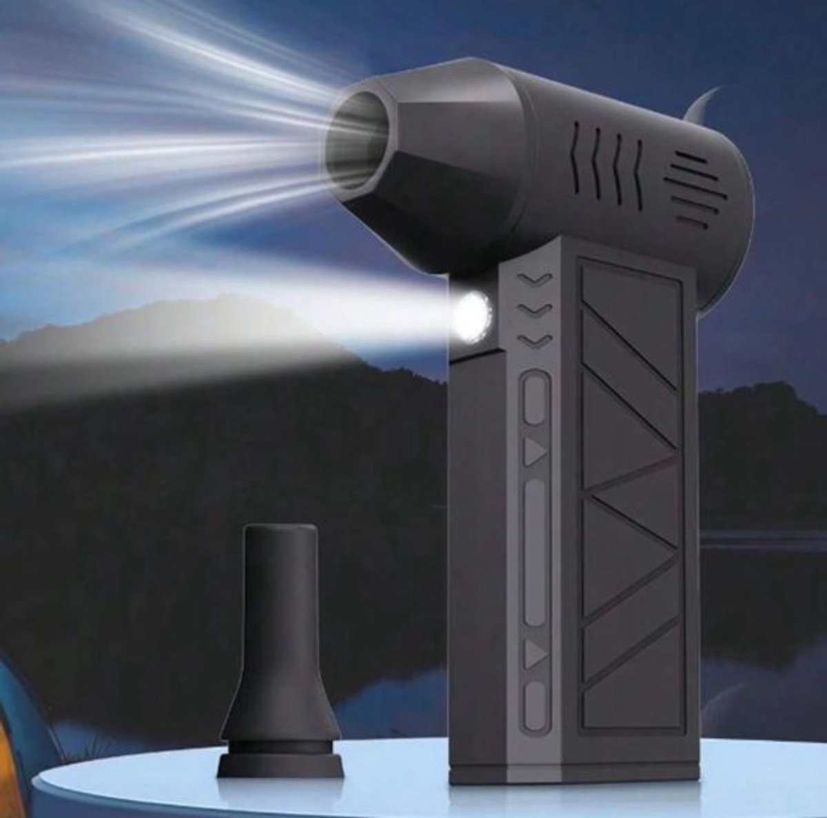 Mini Turbo Ventilator - Mini Bladblazer - Turbo Jet Fan - Met Licht - Hand Ventilator - Luchtblazer - Luchtpistool - Luchtcompressor - Zeer Krachtig - Met Opzetstuk - 3 Standen - USB-C oplaadbaar - Zwart