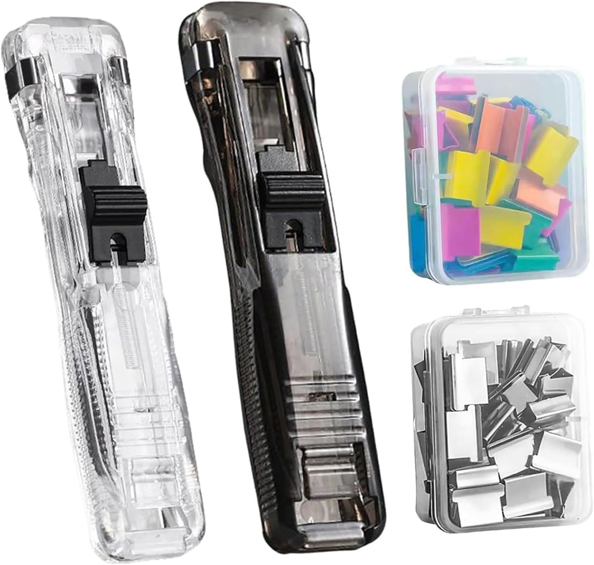 Thijox - 2 stuks herbruikbare creatieve nietmachine met drukklem en binderclips, 100 roestvrijstalen nietjes, draagbare clipdispenser voor kantoor, sc