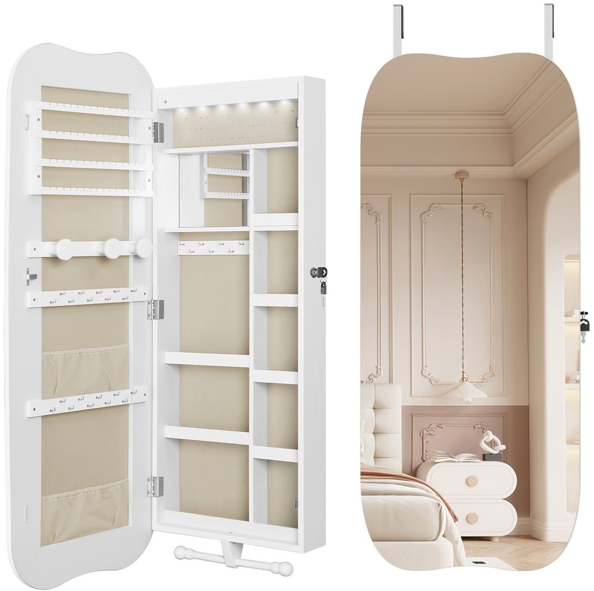 Home & Beyond® Sieradenkast met Spiegel, LED-Verlichting en Sleutelslot - Wandgemonteerde Sieradenorganizer - Wit - 42 x 10 x 108 cm