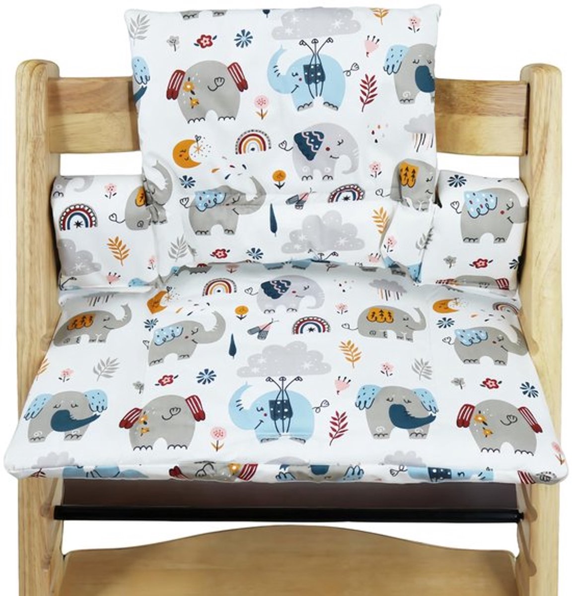 Stokke Tripp Trapp zitkussen - kinderstoel met dubbele bekleding voor de rugleuning, waterdicht en afneembaar, zacht accessoire van biologisch katoen (olifanten)
