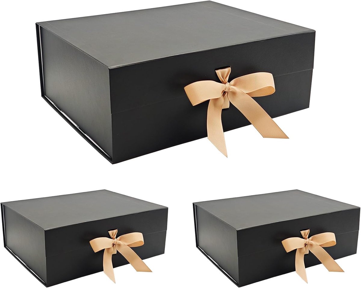 SnelShoppen - 3 PACK Zwarte Grote Geschenkdoos 33,5 x 27 x 12,5 cm - Premium Geschenkdozen met Magnetisch Deksel en Lint, Geruite Voering voor Feestda
