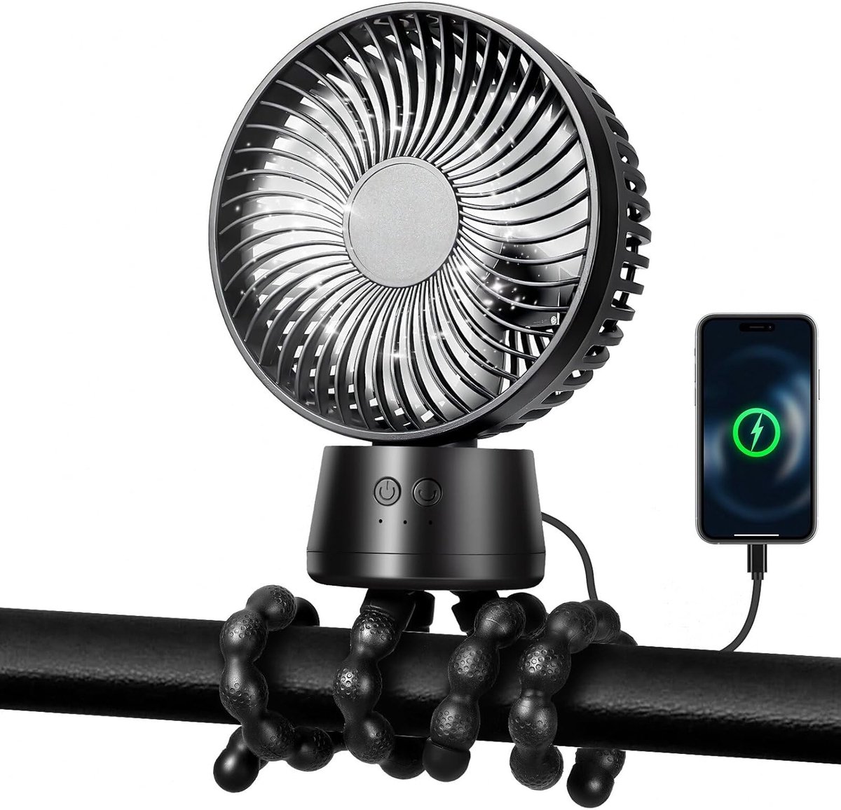 SnelShoppen - 10000mAh Draagbare Kinderwagen Ventilator, 40U Batterijduur, Afneembare Fan 120°, 3 Snelheden, LED Nachtlampje, USB Oplaadbaar voor Reis
