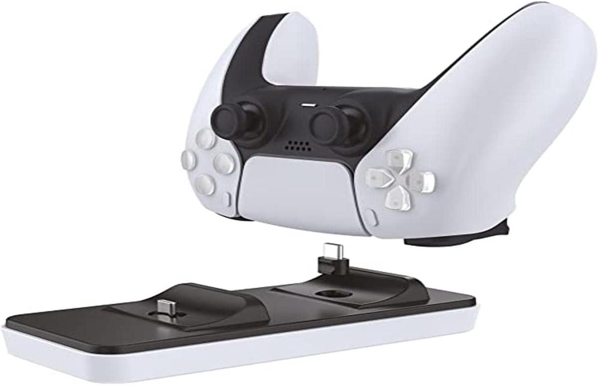 SnelShoppen - GamePow+ Oplaadstation voor PS5 DualSense Controllers - Snelle Dual Charging - Draadloos Oplaadstation met Verwijderbare Aansluitingen