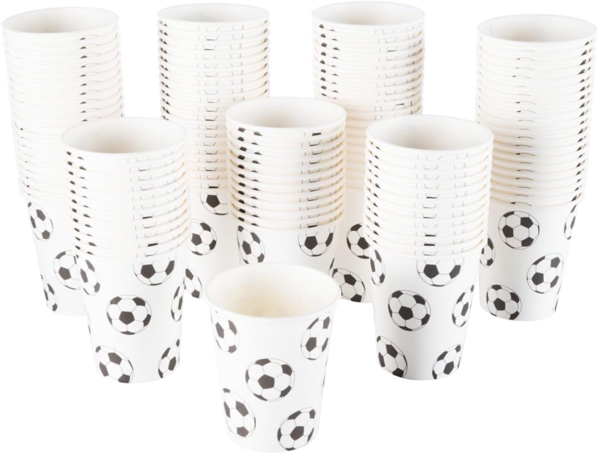 SnelShoppen - 100-Pack 9oz (250ml) Voetbal Party Bekers - Zwart & Wit Papieren Bekers voor Warme & Koude Dranken - Voetbal Thema Verjaardagsfeest, Spo