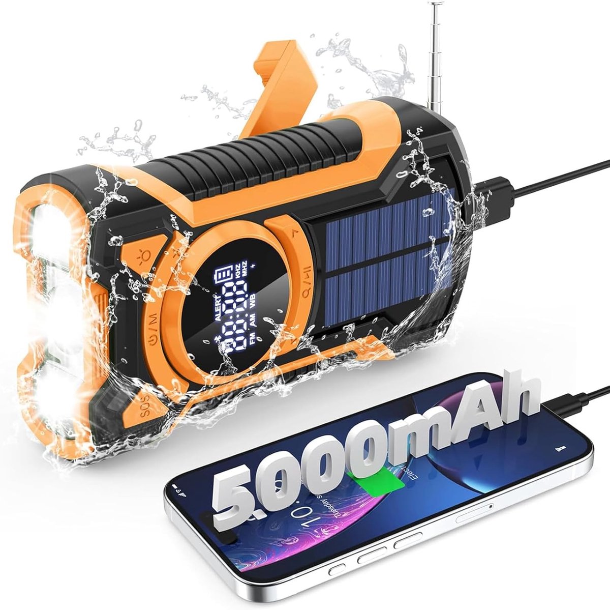 SnelShoppen - Wind Up Radio 5000mAh - Draagbare Hand Crank Noodradio met Bluetooth Speaker, Zonne-oplader, AM/FM, SOS Alarm en Zaklamp voor Camping, H