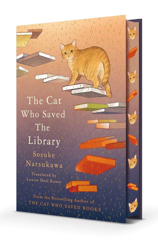 Un chat tigré orange marche sur des livres formant un escalier, avec le titre 'The Cat Who Saved The Library' sur la couverture.