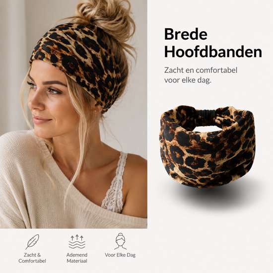 Brede dames hoofdband met luipaardprint, zacht en comfortabel voor dagelijks gebruik. Ziet er ook los gedragen mooi uit.