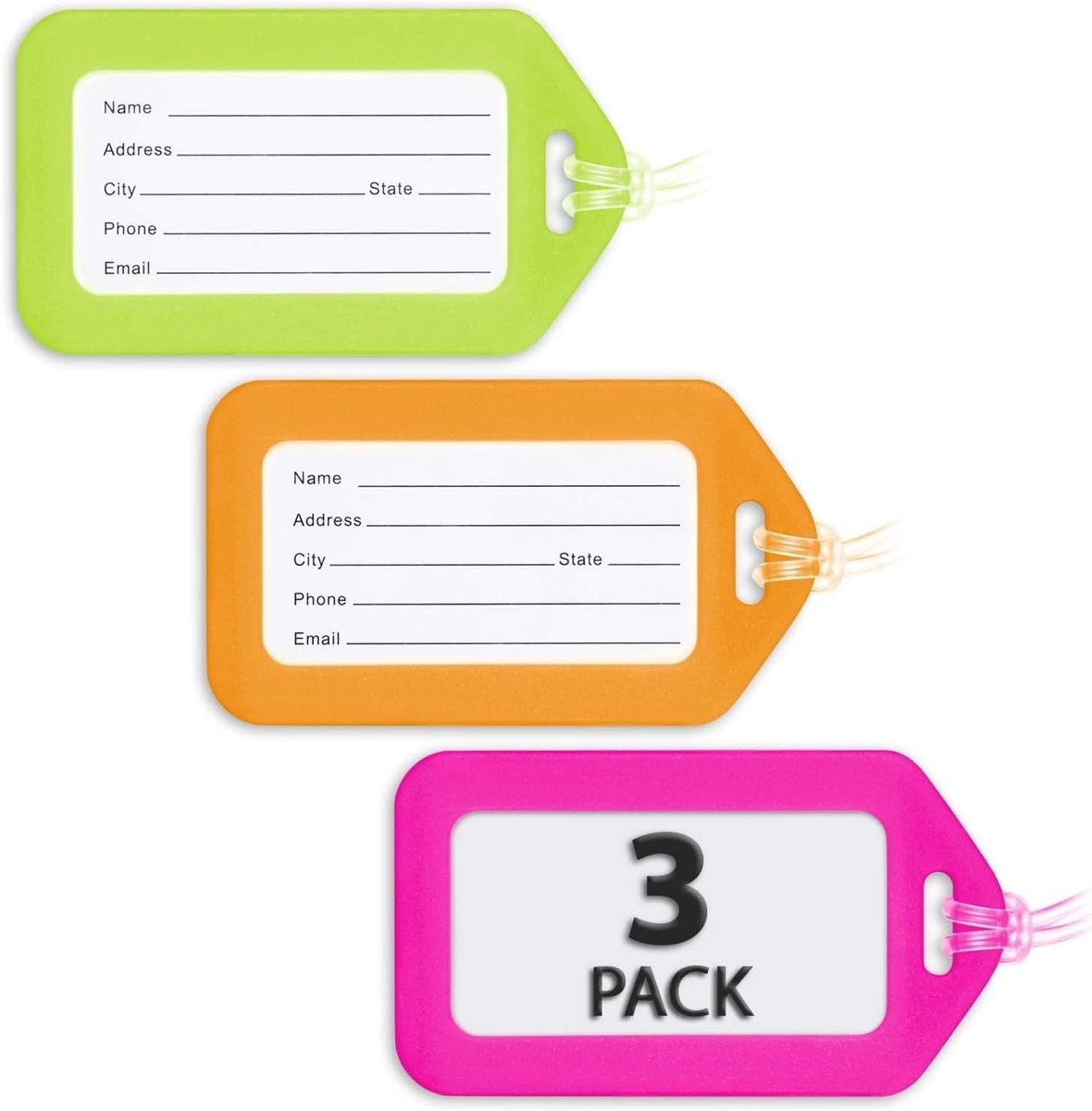 SnelShoppen - Luggage tags Neon 3-pack - Reisbagagetags voor Koffers - Duidelijke Identificatie voor Handbagage, Sporttassen, Rugzakken en Meer