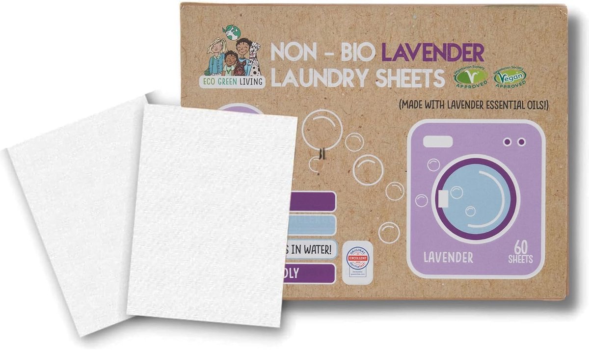 SnelShoppen - Eco Green Living Wasdoeken Non Bio Lavendel, Hypoallergene Detergent Wipes, Biologisch Afbreekbaar, Plastic Vrij, Zacht voor Gevoelige H
