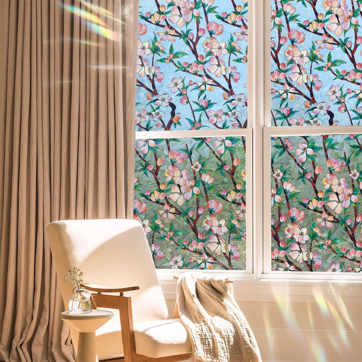 SnelShoppen - Privacy Film Raamfolie Roze Bloemen 3D Decoratieve Vinyl Stained Glass Cherry Blossom Stickers 40 x 101.6 cm - Non-adhesief en Verplaats