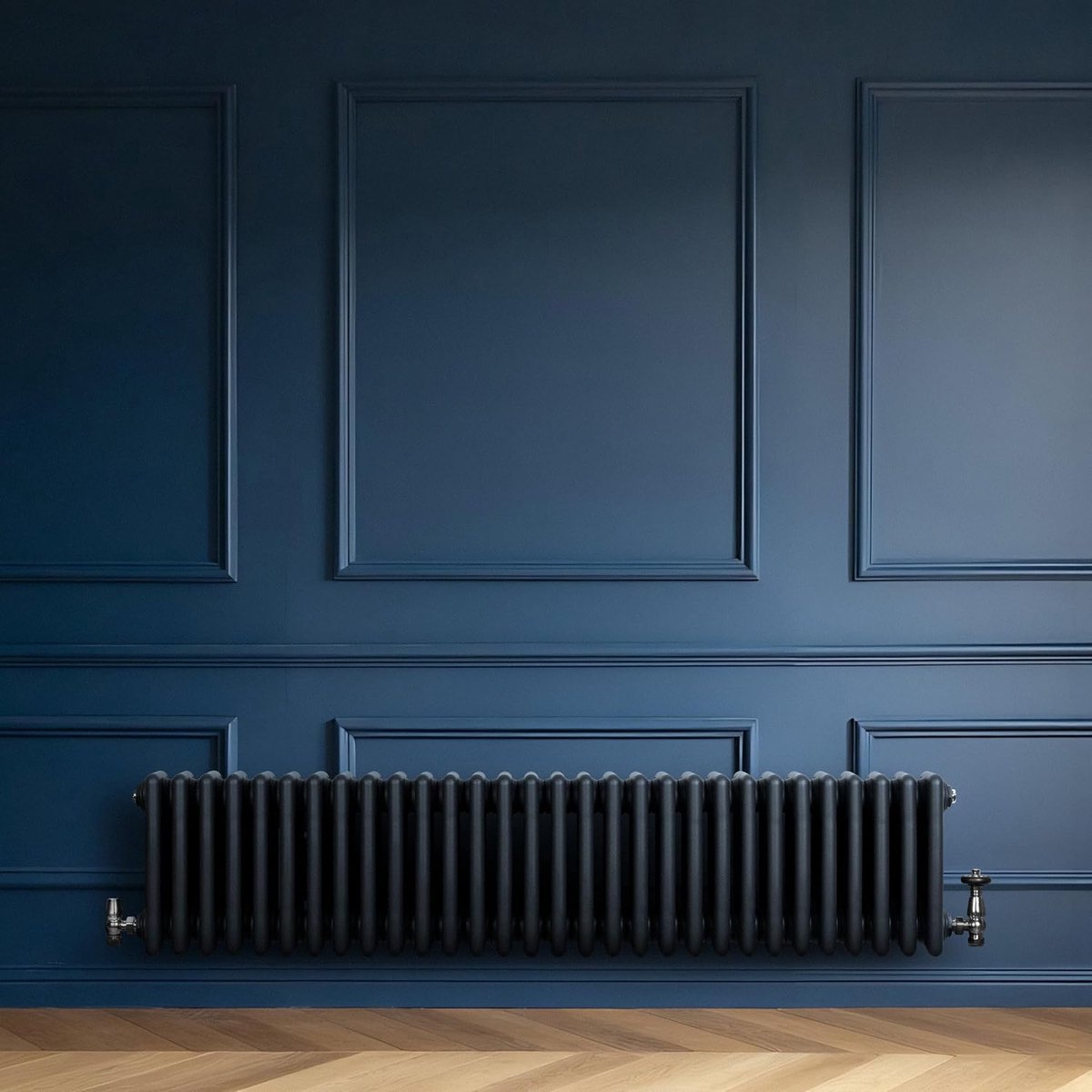 SnelShoppen - Traditionele Radiator & Thermostaatkraan, 4-Kolom, 300 x 1370mm, Modern Centrale Verwarming, Mat Antraciet Grijs, Carbon Staal, Wandmont