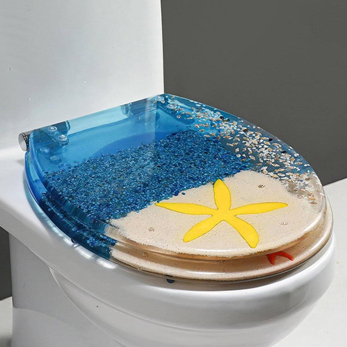 Transparante Toiletbril - Hars Deksel - Badkamer Decoratie - Softclose Scharnieren - 42x36 cm - Blauw Oceaan