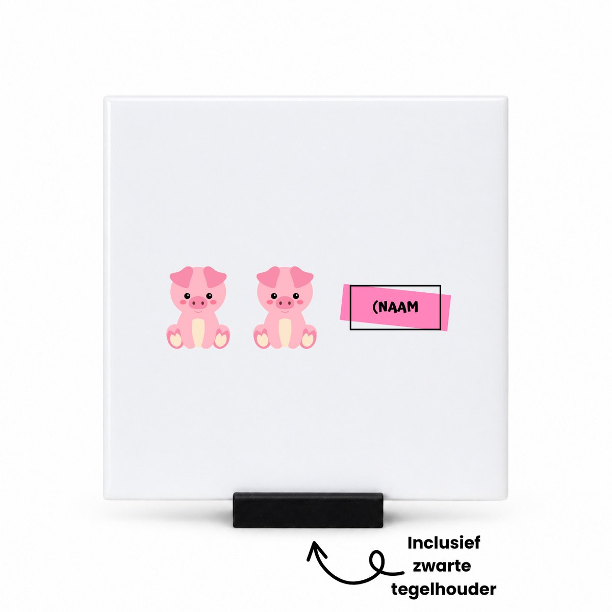 Hacebo Varkens met eigen naam tegeltje met tegelhouder - Varken - dieren liefhebbers - tegeltjes met tekst - leuke cadeau voor iemand die van houdt van biggen - verjaardagscadeau - kado - gift - spreuktegels - 10.8x10.8 CM Wit