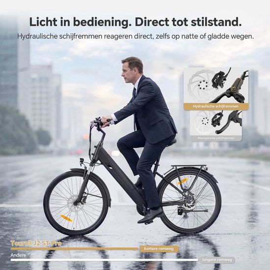 Touroll J2 ST Pro stap-in elektrische fiets 26 inch - 250W motor 45Nm, hydraulische schijfremmen, Shimano 7 versnellingen, 561,6Wh afneembare accu tot 100km actieradius, voorvering, IPX4 waterbestendig, max 120kg van Touroll — afbeelding 5