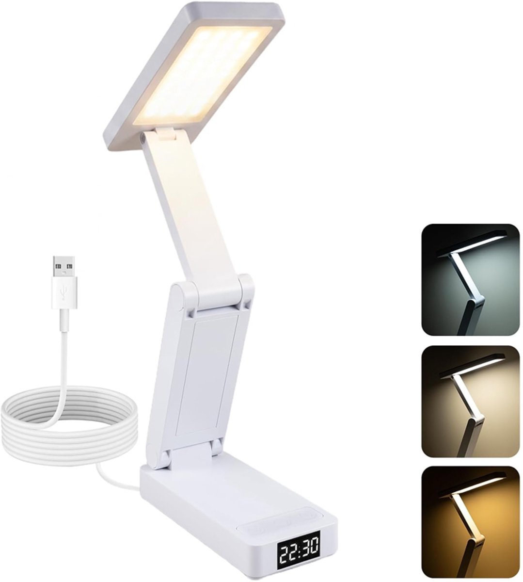 VHV - Tafellamp - Draadloze LED bureaulamp - Oplaadbaar - 3 lichtkleuren en dimstanden - Met timer en klok - Leeslamp voor slaapkamer, studie en kantoor - Wit