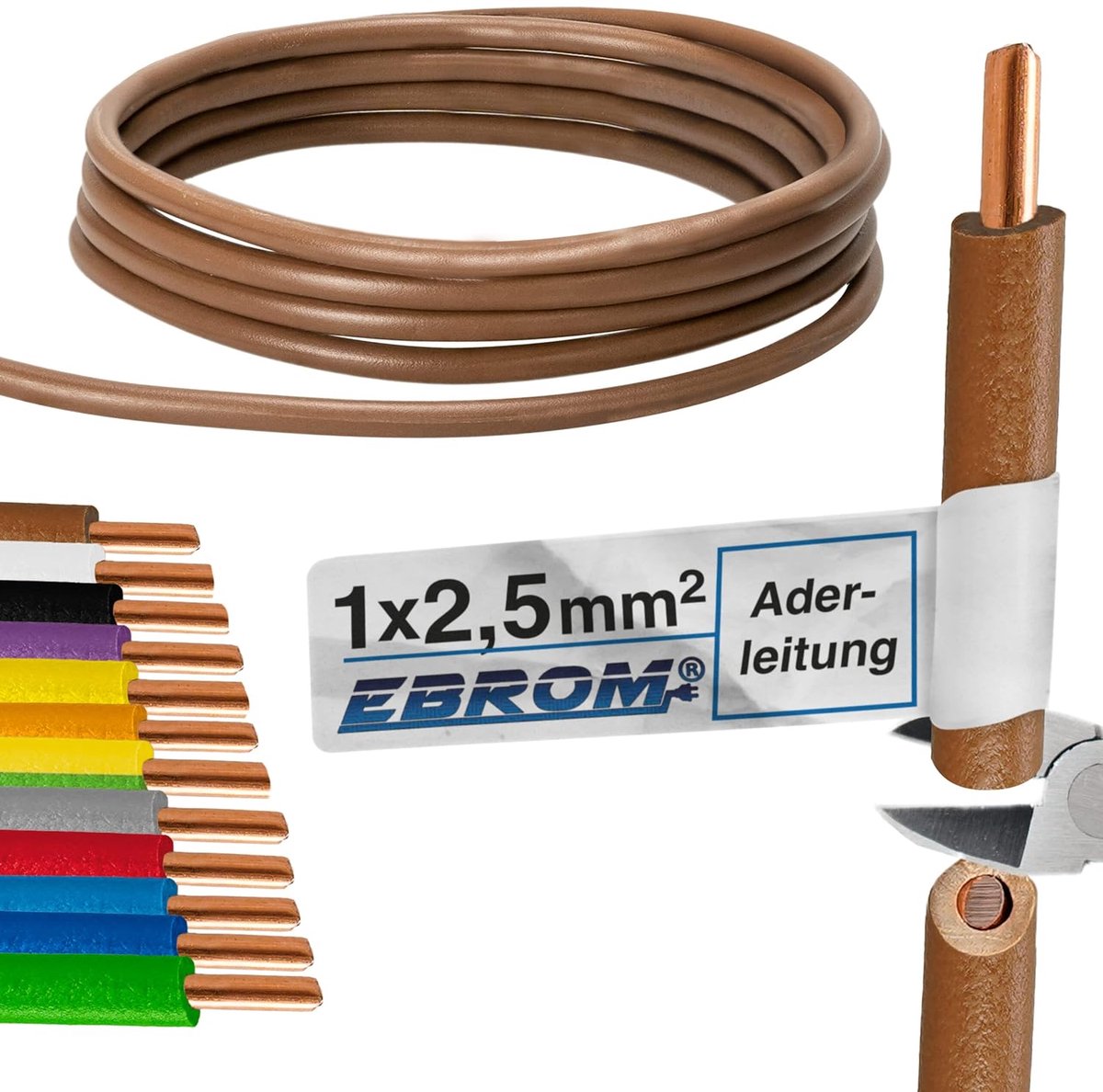 SnelShoppen - 5 m H07V-U 2.5 mm² Conductor Line Enkel Draad - Vaste Bedrading PVC - Koper 99.9% OFC - Bruin - Voor Schakelsystemen en Apparaten