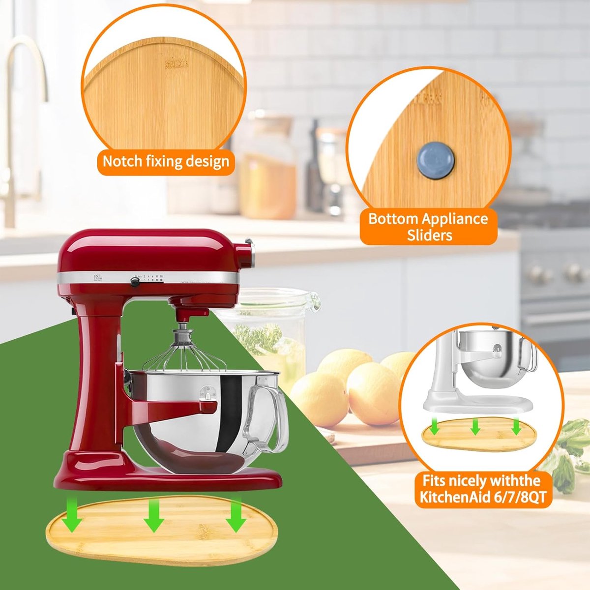 SnelShoppen - Bamboe Mixer Slider voor KitchenAid 6/7/8 Quart Bowl-Lift Stand Mixer - Natuurlijke Schuifmat voor Keuken, Antislip, Duurzaam, Eco-vrien thumbnail 3