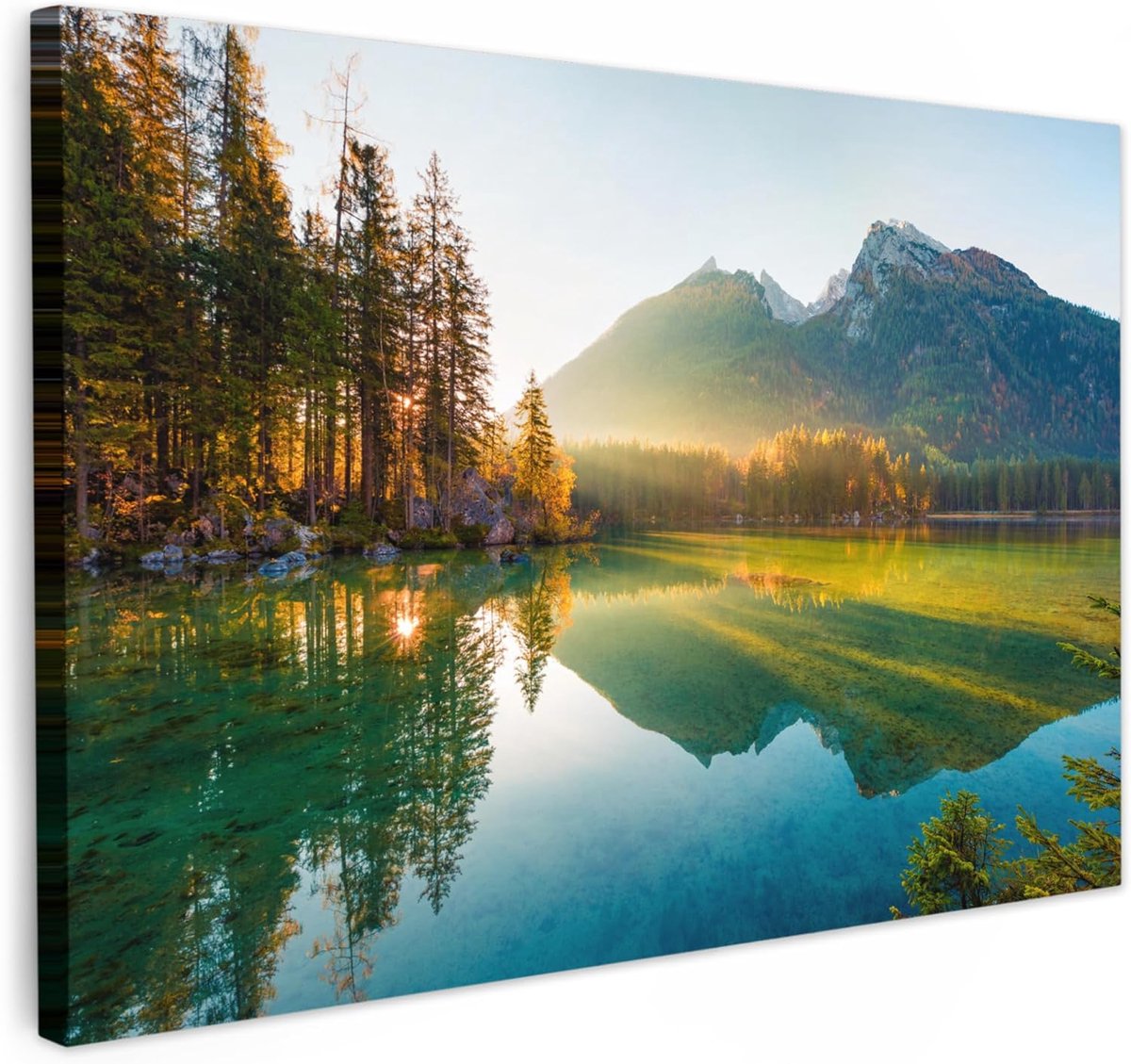 SnelShoppen - Canvas Schilderij 90x60cm Wanddecoratie Woonkamer Slaapkamer Natuur Landschap Meer Bos Bergen Zon Hoogwaardige Print